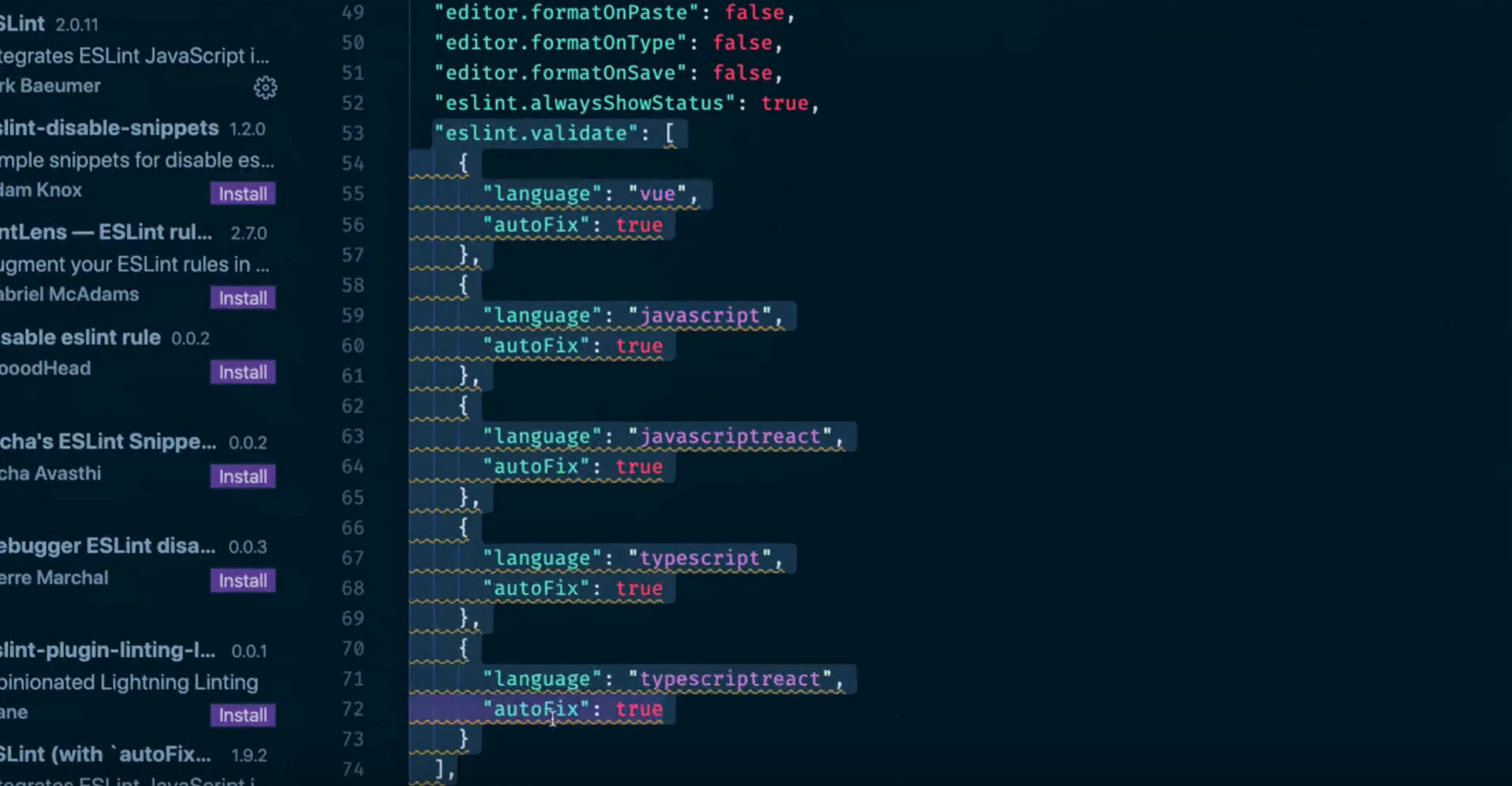 vscode eslint validate settings.json 수정